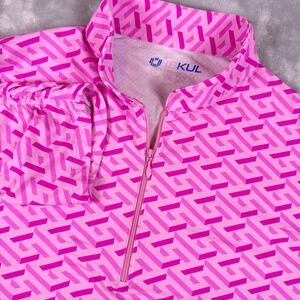 iKUL BloqUV Quarter Zip 3/4 Sleeve Top Womens XL Pink Geometric Maze Ruched